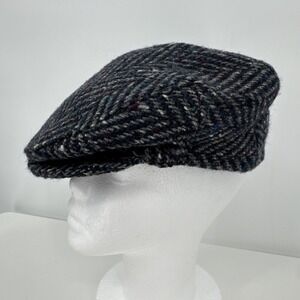 John Hanly Irish Wool Flat Cap 7 1/8 58 Mens Grey Tweed Herringbone Blue‎ Gray